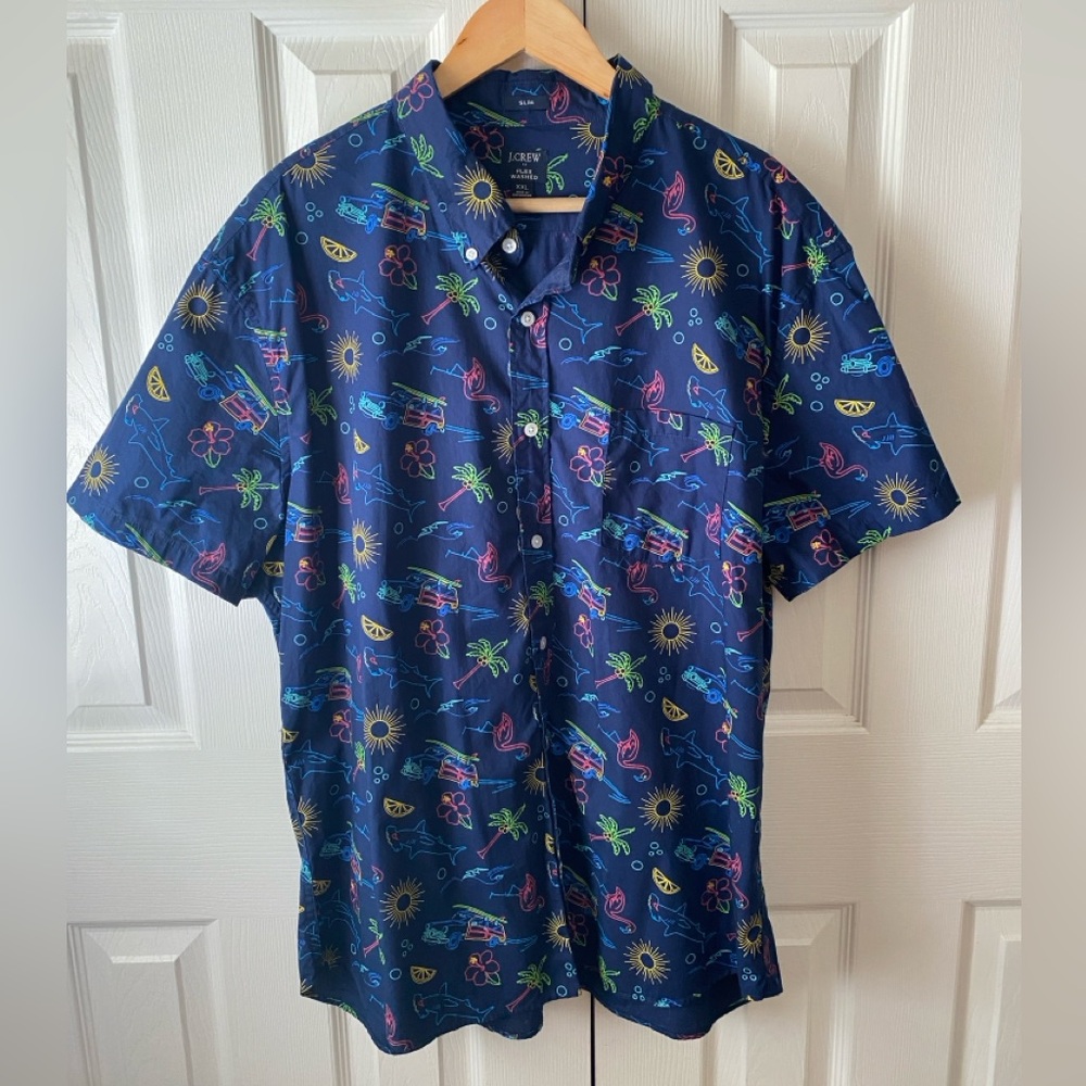 J. CREW Factory Slim Fit Flex Retro Neon Tropical Printed Button Up Shirt SZ XXL
